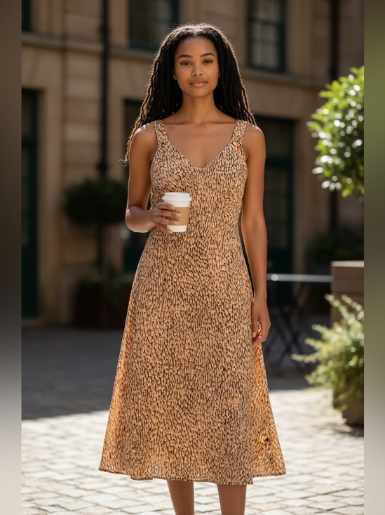Ann Taylor Dresses & Skirts - Ann Taylor Silk Tan/Brown Animal Print Sleeveless Midi Dress Size 6P Small Flaw